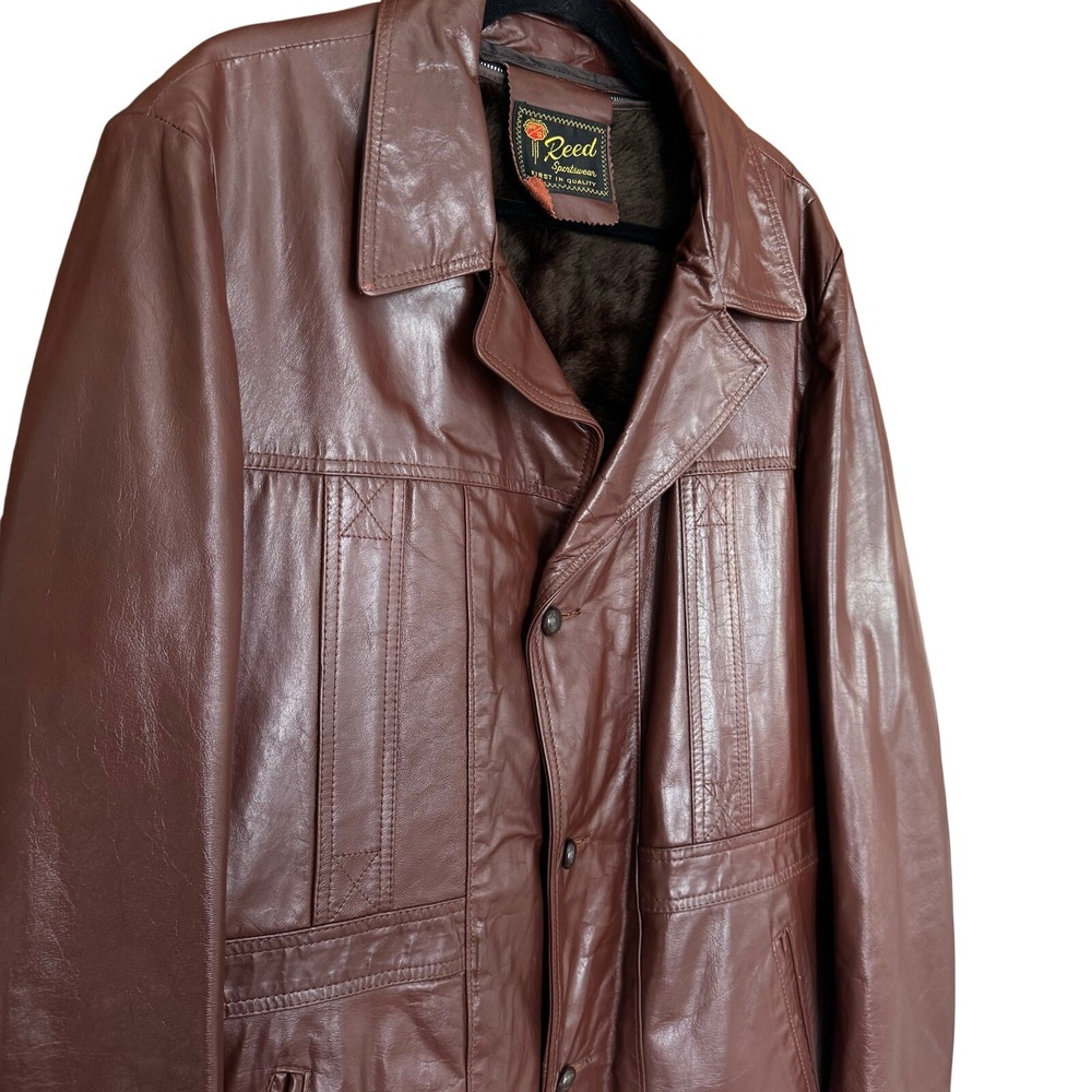 Reed Sportswear Leather Jacket Brown Vintage 1970s Faux Fur Lined Coat Retro Dad - Picture 4 of 15